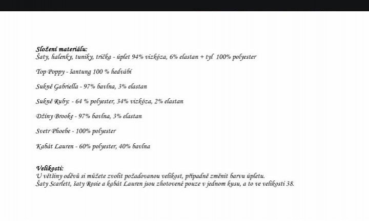 kolekce Ella - velikosti a složení materiálu